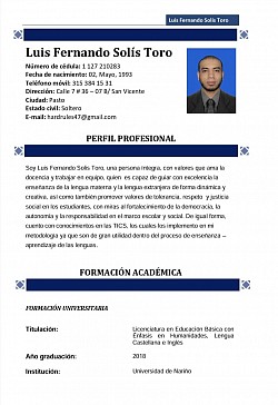 LUIS FERNANDO SOLIS TORO LICENCIADO EN EDUCACION BASICA CON ENFASIS EN HUMANIDADES LENGUAS CASTELLANAS E INGLES
