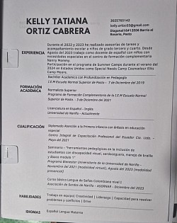 KELLY TATIANA ORTIZ CABRERA  LICENCIADA ESPAÑOL E INGLES -NORMALISTA SUPERIOR